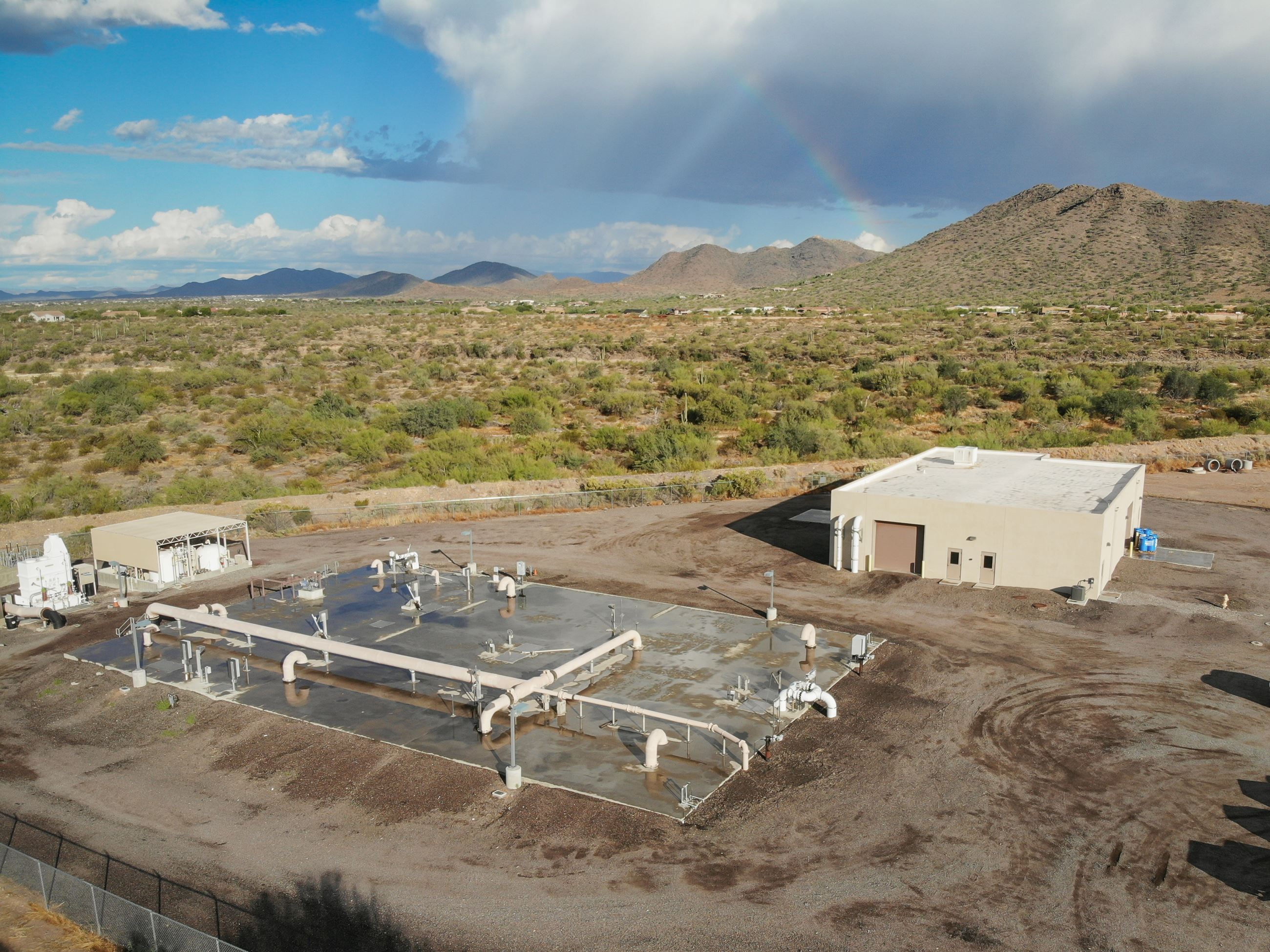 drone shot of wastewater treatment plant